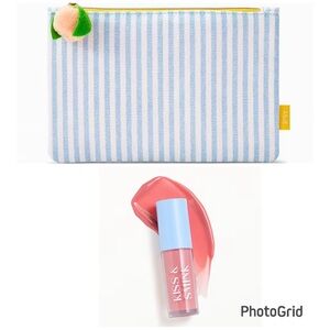 Striped cosmetic bag w/ peach pompom zipper + Kiss & Smink Peony lip oil